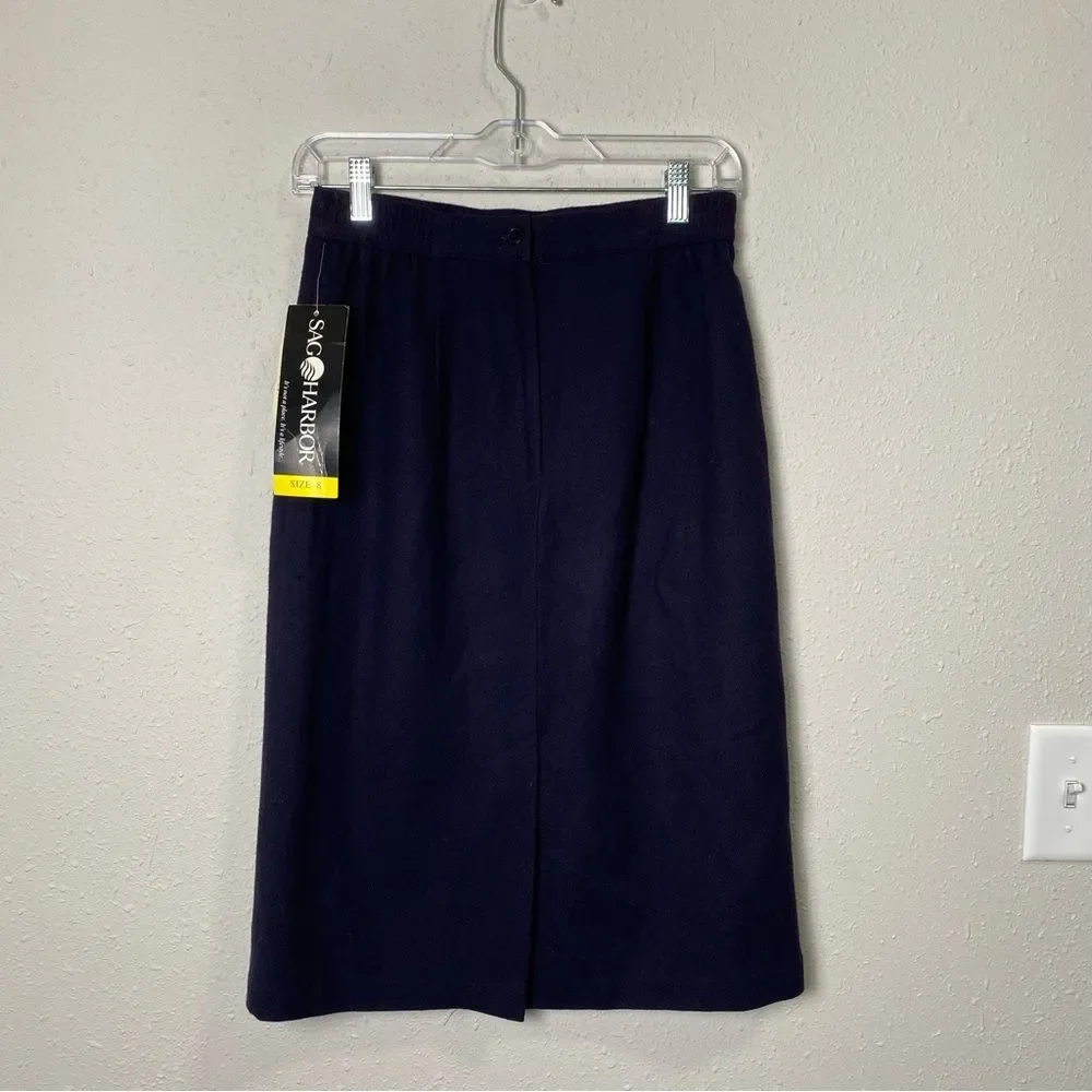 NWT Vinatge Sag Harbor 100% Pure New Wool Navy Blue Pencil Skirt Women's Size 8